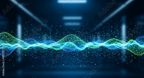 Vibrant blue and green waveform in futuristic digital space