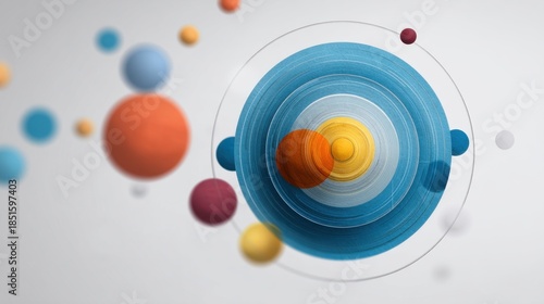 Abstract colorful spheres and circular layers creating a vivid three-dimensional effect against a soft gradient background in a modern artistic design