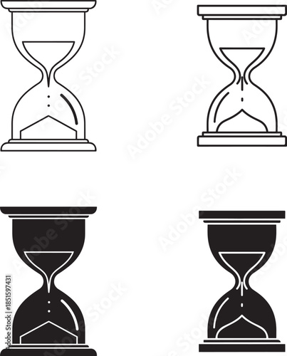 Four hourglass illustrations in solid silhouette and line art styles 
