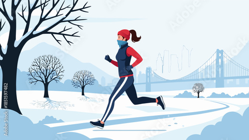 Winter runner woman with mask in snowy landscape with bridge in background during cold season