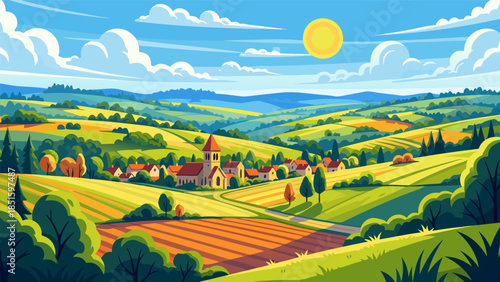 Idyllic countryside village nestled in rolling green hills under a bright sunny sky with vibrant colors and a sense of peaceful rural life