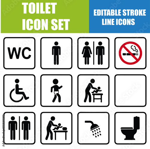 Toilet Icon Set – Public Bathroom and WC Pictogram Collection Featuring Washroom, Male, Female, Unisex, Accessible Toilet, Baby Changing Table Room, Shower, Handicap Access, No Smoking Symbol and Rest