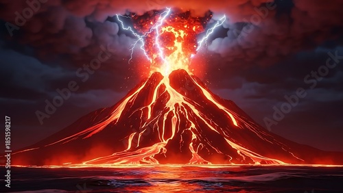 Erupting volcano with lightning strikes under dark stormy sky