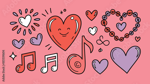 Bright collection of playful heart and musical note doodles with stars on a lively pink background