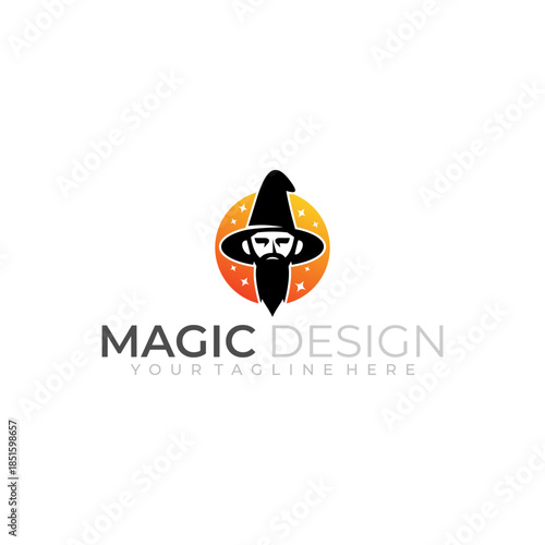 logo of an old wizard with his hat and long beard, magic logos
