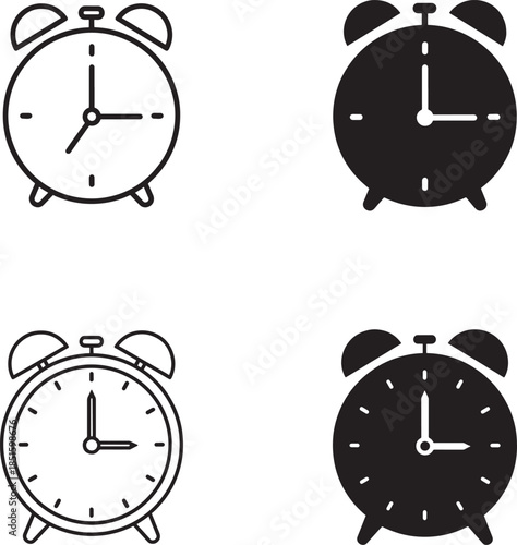 Four simple alarm clock illustrations in solid silhouette and line art styles 