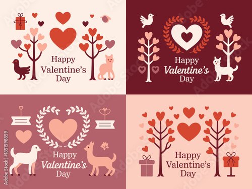 Delightful Valentines Day illustrations showcasing lovable animals, heart trees, and festive romantic elements