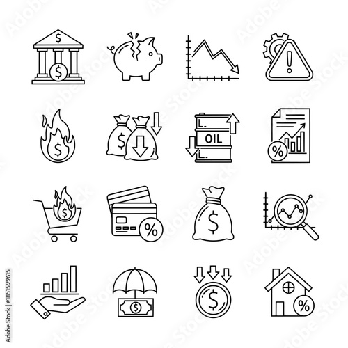 Financial recession and market crash line icons for economic analysis