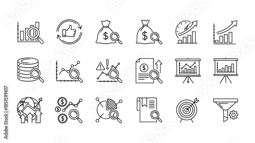 Business Data Analysis and Performance Reporting Line Icon Set
