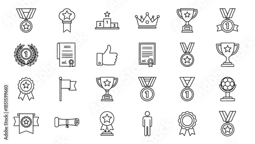 Award and achievement line icon set including trophy medals and certificates