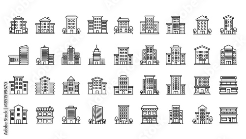 set of buildings, Large collection of building line icons representing urban architecture and city