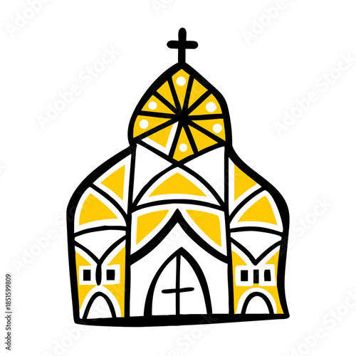 A geometric flat vector of a church with stained glass windows