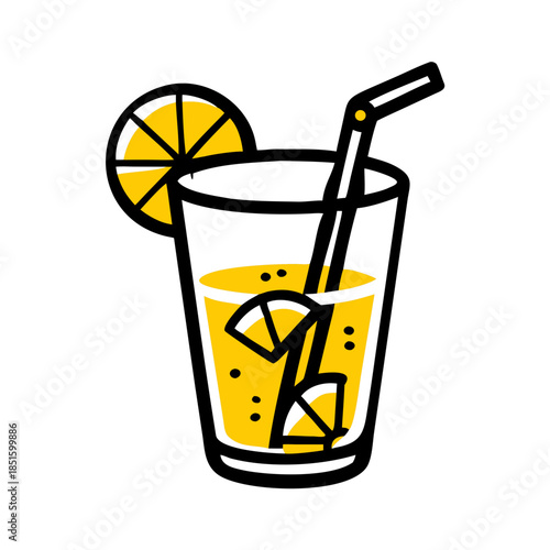 Flat design of a yellow lemonade glass with straw and lemon slice