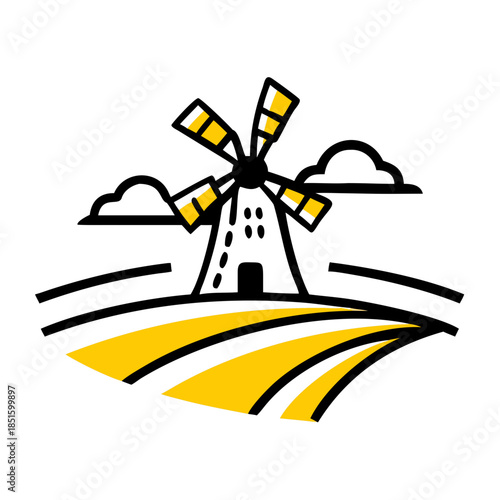 Flat design of a yellow windmill in a field on black background