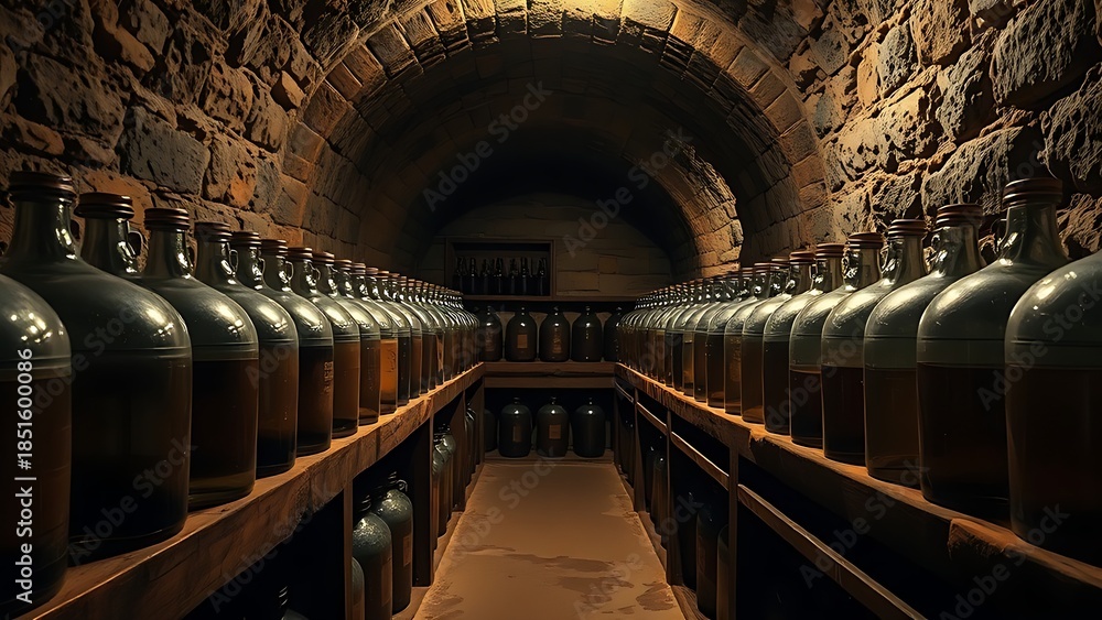 Obraz premium demijohns. Ancient wine cellar with stone walls and large glass demijohns on dusty wooden shelves. bar promotions, beverage menus, designed for food & beverage menus and cafe branding.