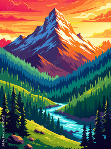 Vibrant Mountain Landscape with a Winding River and Lush Green Forests Under a Fiery Sunset Sky
