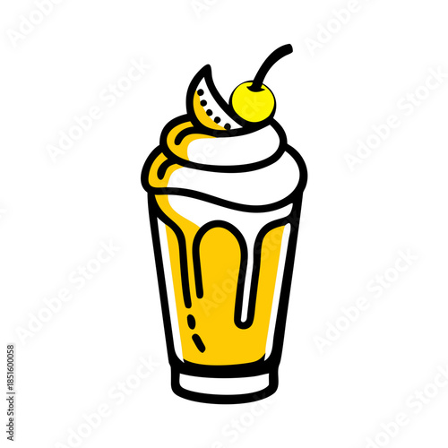 Yellow Milkshake with Cherry on Top in Flat Design Style