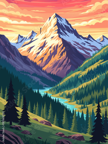 Vibrant Mountain Valley Landscape with a Winding River Under a Dramatic Sunset Sky