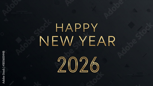 Golden happy new year 2026 greeting on dark background with geometric shapes
