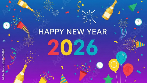 Happy new year 2026 celebration background with colorful fireworks, balloons and confetti