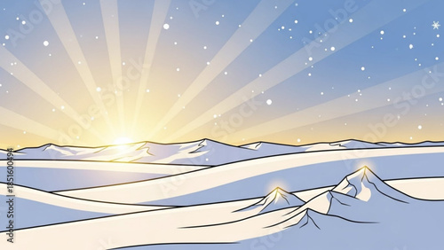 Snowy mountain landscape with sunrise, snowy peaks and hills, winter scenery with sun rays