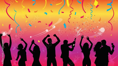 People celebrating with confetti and fireworks at a joyful party with colorful ribbons and streamers