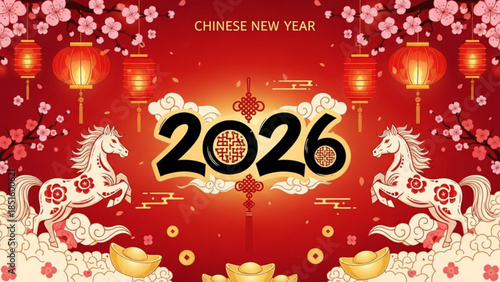 Chinese new year 2026 celebration with horses, lanterns, and cherry blossoms