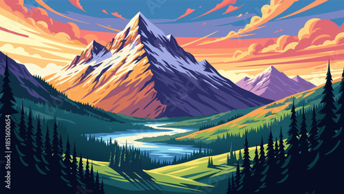 Vibrant Sunset Over Majestic Snow-Capped Mountains, Serene River, and Lush Green Forest