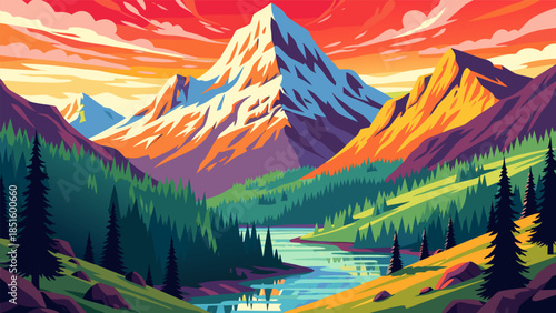 Vibrant Mountain Landscape with a Serene River Reflecting the Colorful Sunset Sky