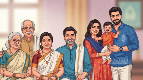 Diverse indian family portrait with three generations together in traditional clothing