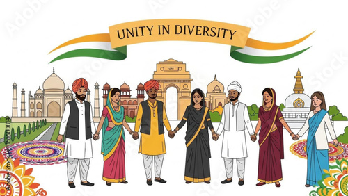 Diverse group of people holding hands together in unity with indian monuments in the background