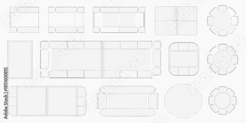 Collection of various furniture top down views sofas tables and chairs