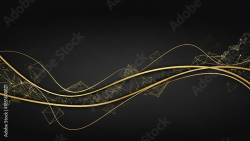 Golden abstract wave lines on dark background with geometric shapes and luxury feel
