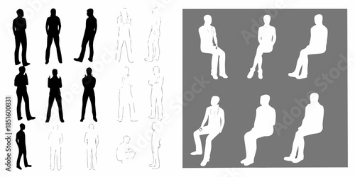 Silhouettes of people in various seated and standing poses black and white