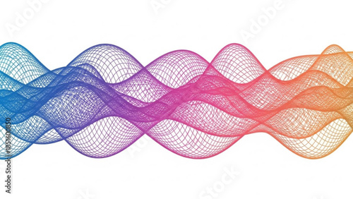 Vibrant multicolored abstract wavy mesh lines on white background, gradient blue pink orange hues