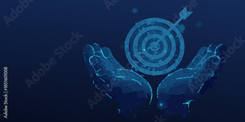 Hands cradling a glowing target with an arrow hitting the bullseye