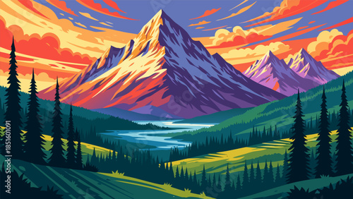 Vibrant mountain landscape with a winding river flowing through a lush green valley under a colorful, dramatic sky at sunset or sunrise