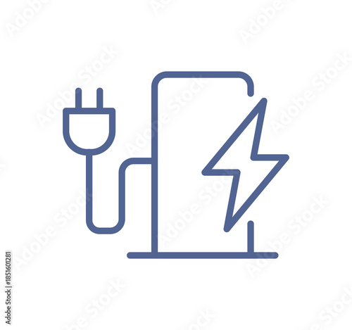 Electric charger and battery station icon, power supply equipment and modern electricity charging system line flat vector illustration.