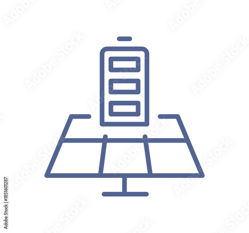 Solar panel and battery icon, renewable energy storage symbol for sustainable electricity systems and clean power technology line flat vector illustration.
