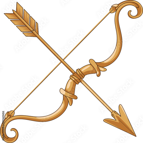 Brown wooden bow and arrow with decorative hunting