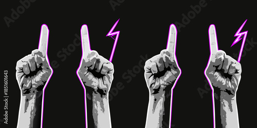 Raised hands with glowing fingers and electric sparks in dark background