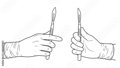 Vector line art of medical hands in gloves holding sharp surgical scalpels for healthcare industry procedures