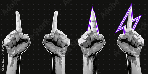 Four hands displaying the middle finger with a lightning bolt effect