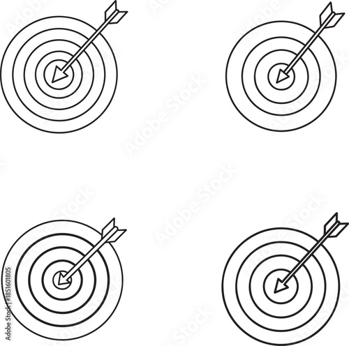 Four archery targets with arrows in different positions in line art styles 