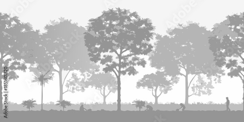 Silhouetted trees and figures create a peaceful misty landscape scene