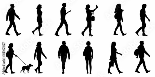 Diverse silhouettes of people walking showing various poses and activities