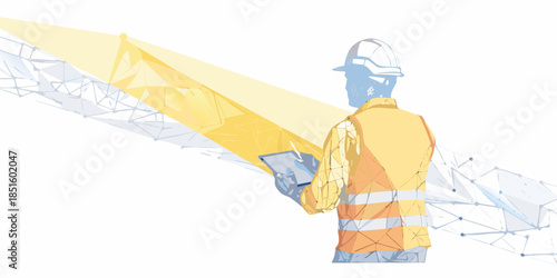 Construction worker utilizing digital technology with a network connection overlay
