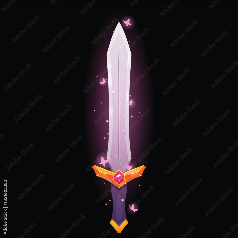 Obraz premium Cartoon shiny sword with sparkles, vector game fantasy saber with handle decorated gemstone, ancient warrior weapon