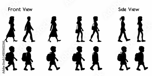 Silhouettes of people walking in different poses front and side views shown