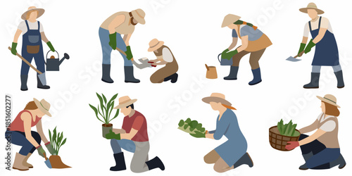 People gardening and tending to plants in a flat vector illustration style